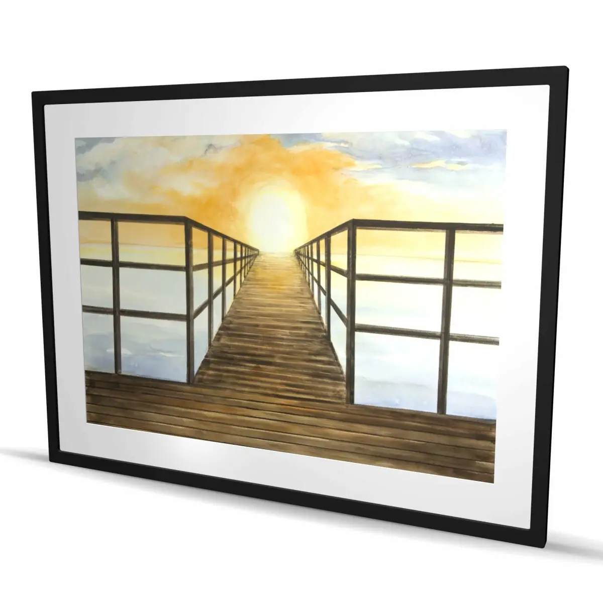 212 MAIN Wood-Framed Elegant Beach Art Print - 36x48 in. Matted Sunset in the Sea Coastal Graphic Prints for Home Living Room Wall Decor