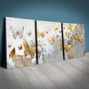3-Piece Butterfly Framed Canvas Wall Art Set 30x40cm, Luxurious Fabric Hanging Decor for Home, Living Room, Office, Cafe
