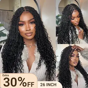 Ashimary Boho Knotless Box 26" Braided Wigs Full Double Lace Braid Wig for Black Women Lace Frontal Human Hair Blended Braided Wig with Boho Curls 360 Lace Front 428