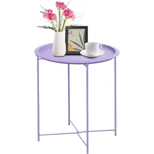 End Table Metal Side Table Purple Round Folding Tray Cyan Sofa Small Accent Fold-able Table, Round End Table Tray, Next to Sofa Table, Snack Table for Living Room and Bed Room