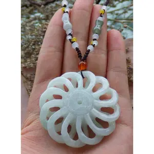 Certified Hand Carved Green Natural Myanmar Burma A Jade jadeite Coin Knotte Flower Circle Pendant Necklace