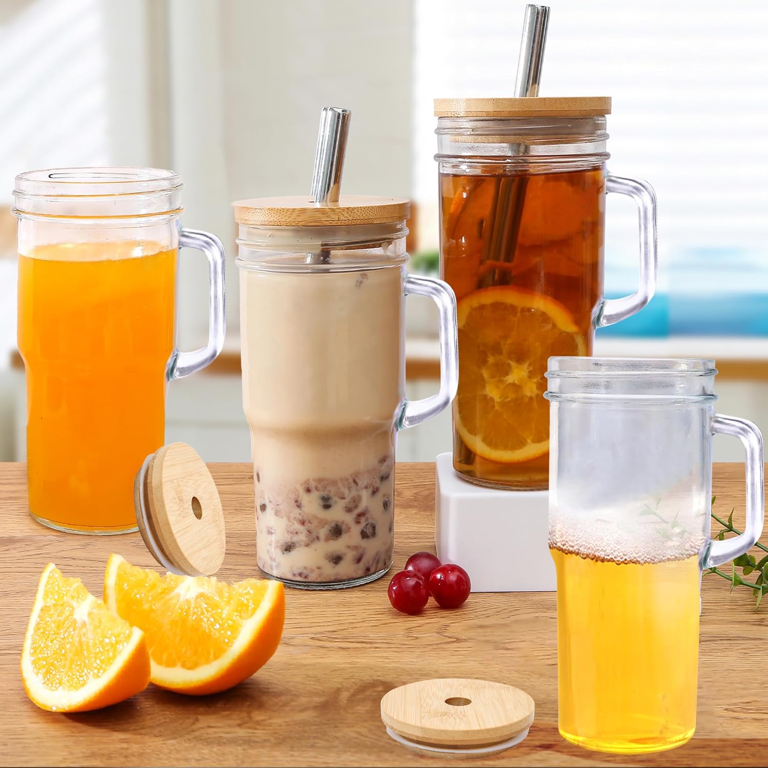 Glass Cups with Bamboo Lids and Straws,24oz Glass Tumbler with Handles,4-Pack Mason Jar with Lids and Straw Wide Mouth, Reusable Smoothies Cups, Iced Coffee Cups, Drinking Jars Travel Mugs