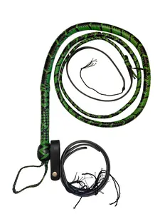 EPT Bull Whip - Lime Green & Black Leather 16 Ply 4ft to 14ft Handmade with Storage Strap & Extra Cracker Replacements