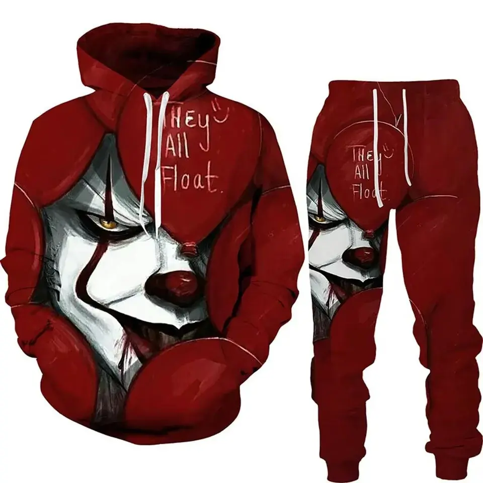 Pennywise 3D Hoodie and Sweatpants Set, IT Clown Red They All Float Halloween Horror Outfit, Spooky Gift for Halloween