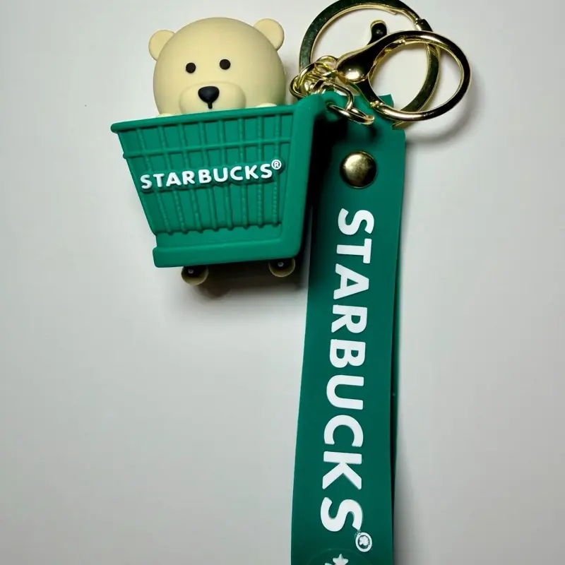 Cute Starbucks Bear in a Shopping Cart Silicone Keychain