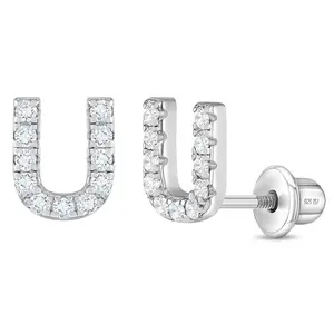 Cubic Zirconia Letter Initial Baby / Toddler / Kids Earrings Screw Back - Sterling Silver