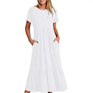 Classy Round Neck Ruched Bodice Solid Flowy A-Line Long Dress