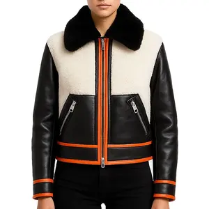Women’s Shearling Aviator Jacket – Black Leather with White Fur and Orange Trim