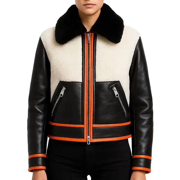 Women’s Shearling Aviator Jacket – Black Leather with White Fur and Orange Trim