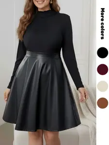 Plus Size Ribbed Soft Light A-Line Casual Dress, High Neck Long Sleeve Mid-Length Slimming Skirt, Y2K Simple Gentle Modest Style, New Daily Commuter, Womenswear