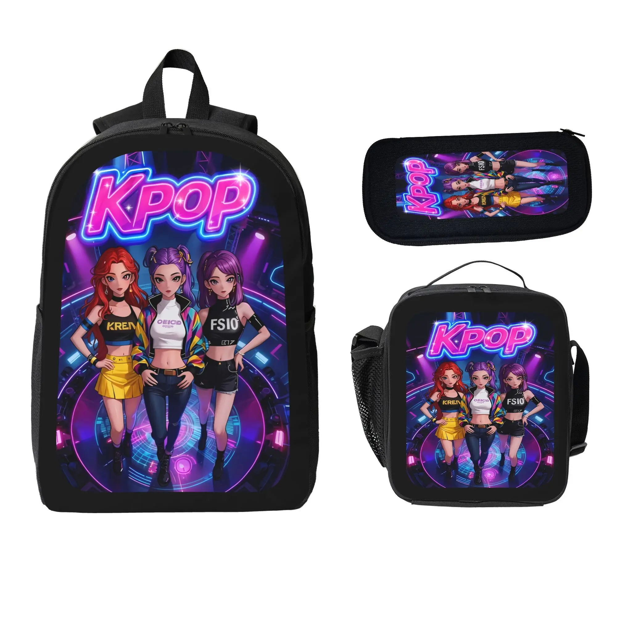 3-Piece School Backpack Set for Youth, Cute Patterned Girl Band Print Bag with Lunch Tote, Pencil Case & Comfortable Straps, Lightweight, Adjustable, Mixed Colors, No