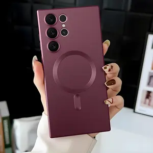 MagSafe Compatible Magnetic Case for Samsung Galaxy S25 Ultra Matte Burgundy Soft Silicone Slim Cover with Full Camera Lens Protector Shockproof Bumper