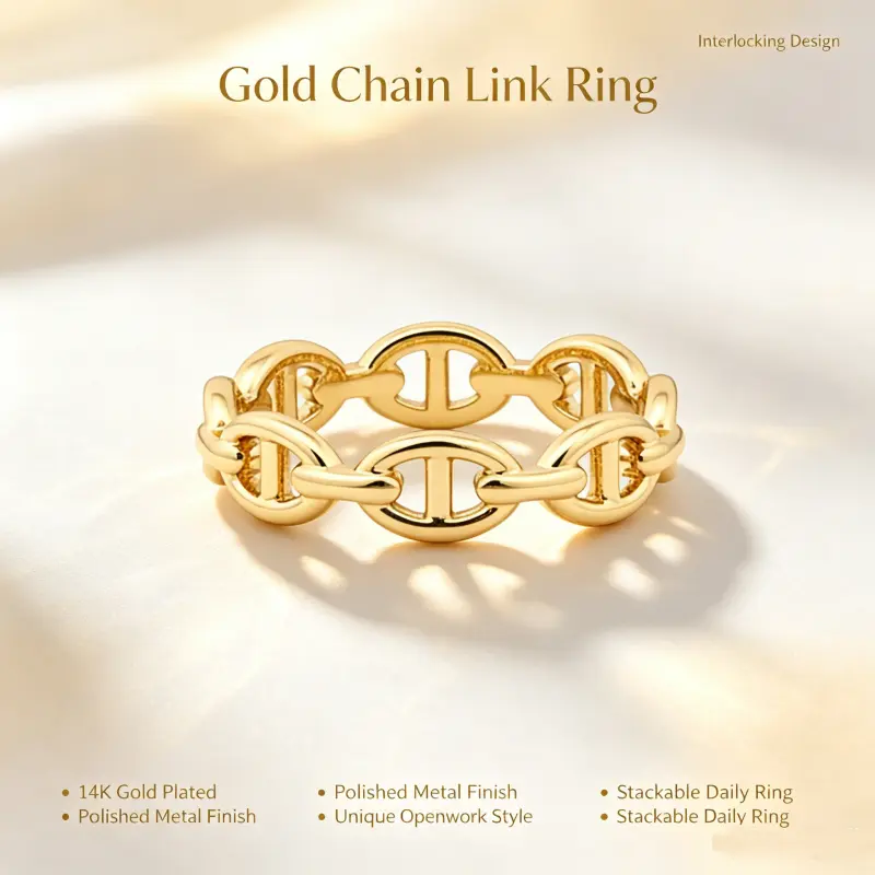 Waterproof Link Ring - 14K Gold Plated Stainless Steel Link Chain Ring for Women - Stackable Thin Trendy Jewelry