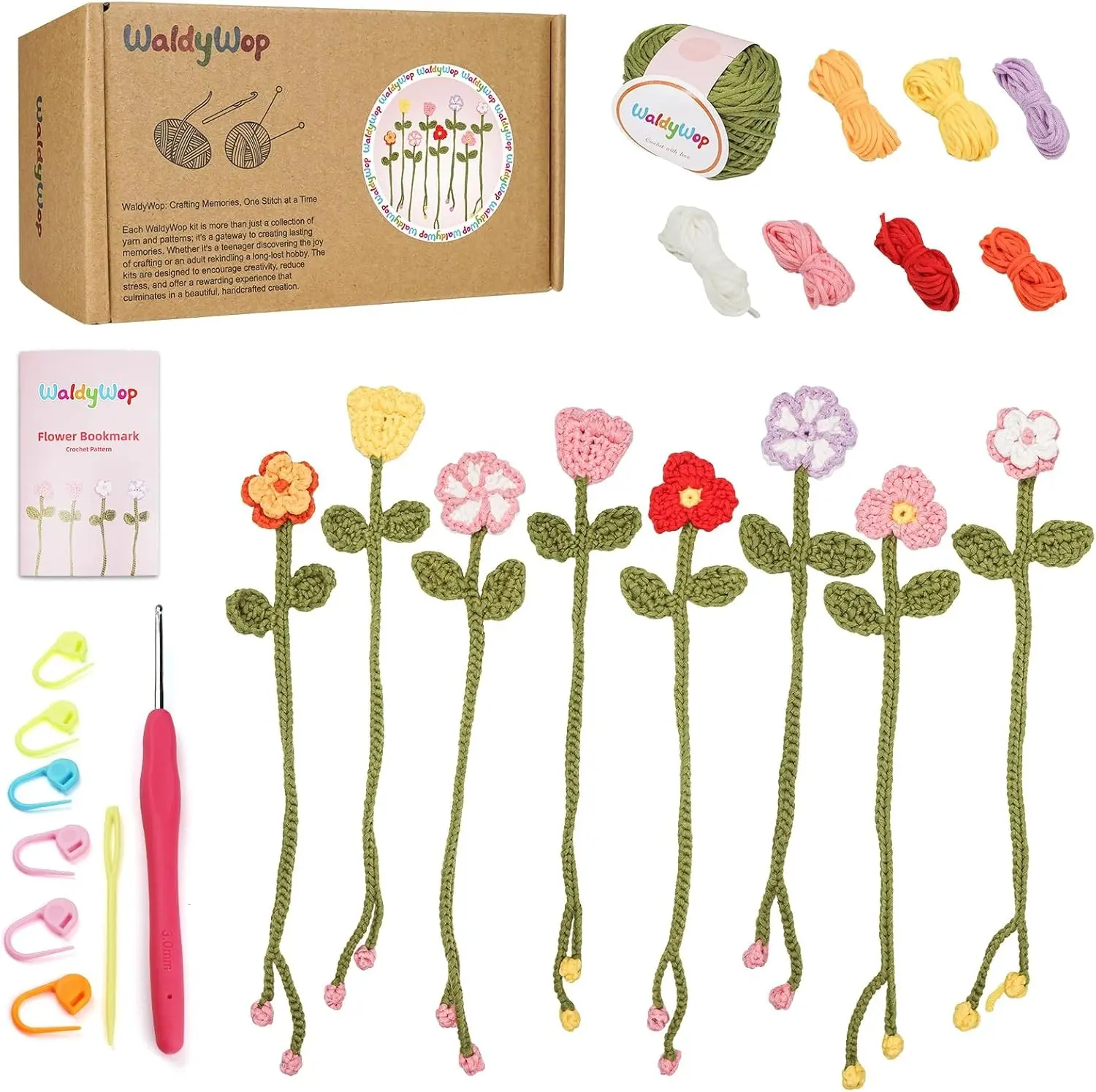 WaldyWop Crochet Kit for Beginners: 8 Flower Bookmarks Knitting Kit w/Video | Step-by-Step Video Tutorials, Soft Yarn & Hook, Easy Wobbles DIY Art Craft Kit for Adults, Birthday Gifts for Women Teen Gift