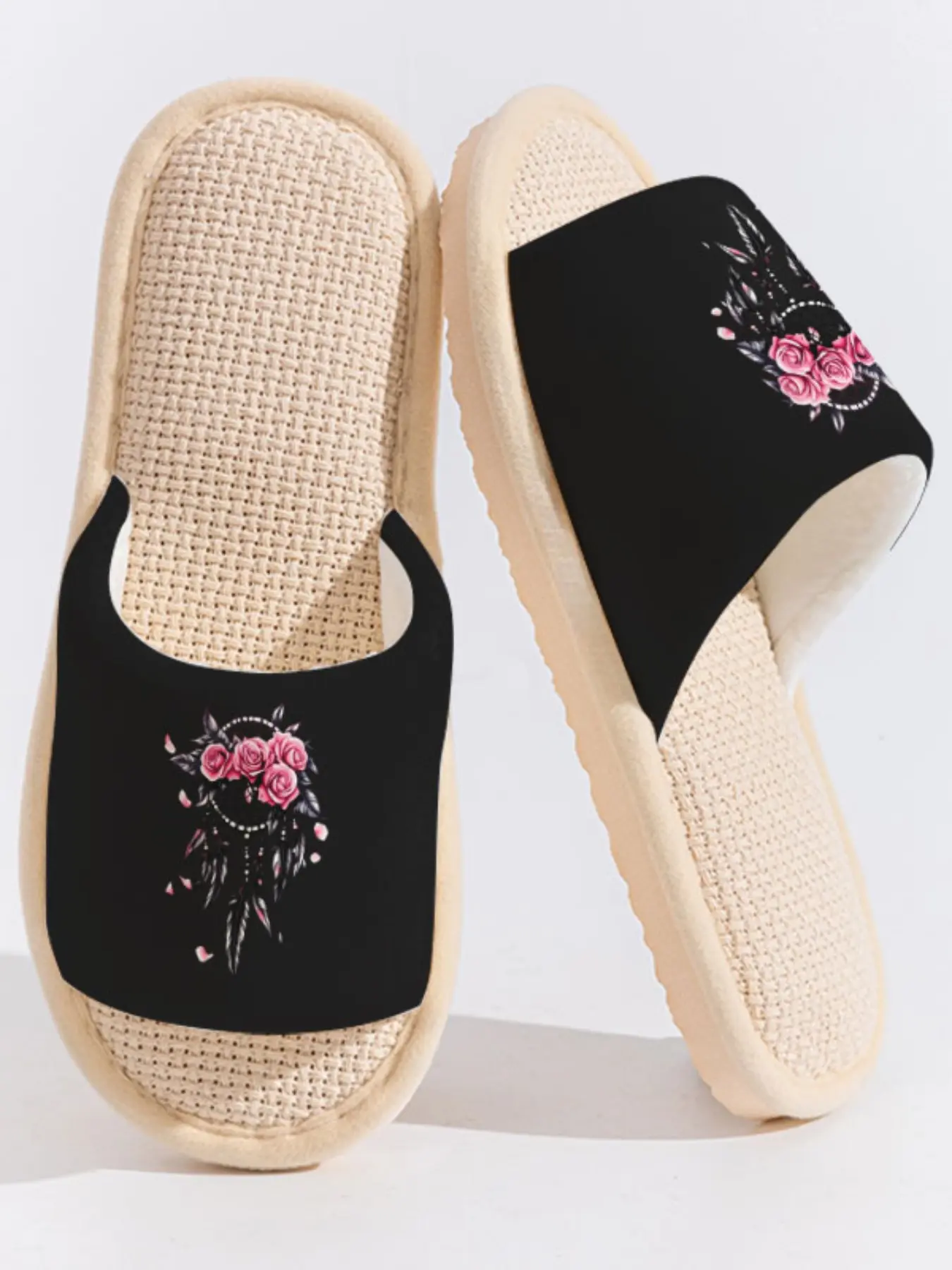 Pink Rose Dreamcatcher Print Slippers Cloud-Feeling Romantic Boho Style Indoor Outdoor For Romantics & Dreamcatcher Enthusiasts