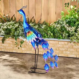 Outdoor Solar Peacock Statue Garden Decor, Metal Birds Garden Sculptures & Statues, Metal Peacock Yard Art Lawn Backyard Decoration Outdoor Sculpture