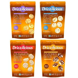 Drizzilicious Mini Rice Cakes 4 Pack – Salted Caramel, Birthday Cake, S’mores & Cinnamon Swirl | 4 oz Bags | Crispy Chocolate Rice Snack Variety with Crunchy Sweet Flavors