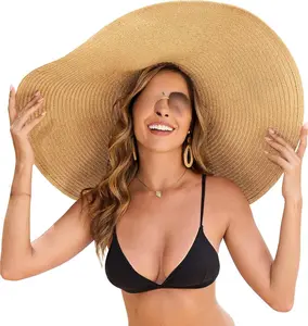 Oversized Beach Hat for Women Wide Brim Straw Sun Hat UPF 50+ UV Protection Foldable Packable Travel Vacation Pool Outdoor