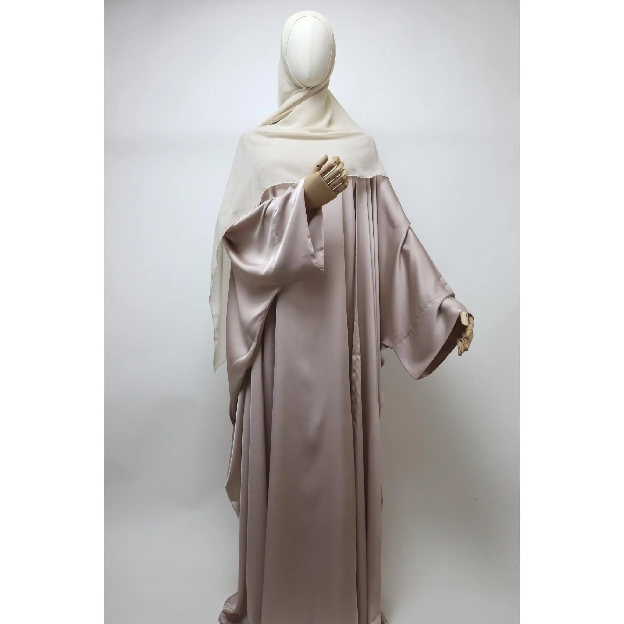 3 Piece Set Satin Open Bisht Abaya - Nude