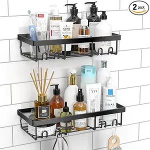 Shower Caddy Shelf Organizer Rack - Self Adhesive Black Bathroom Shelves Basket, Rustproof Stainless Steel, First Camper Apartment Essentials