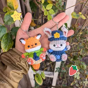 Handmade Crochet Bunny & Fox Duo Keychains | Cute Animal Amigurumi Bag Charms | Forest Police Inspired Gift