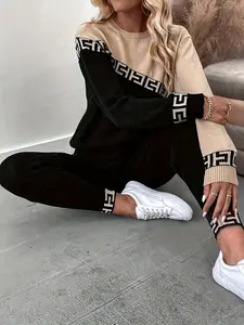 Women's Fashion Geometric Pattern Knit Set, Round Neck Long Sleeve Sweater & Pants, Casual Spring Autumn Winter, Womenswear