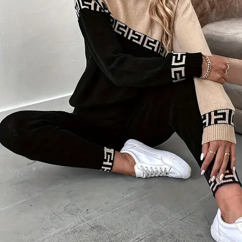 Women's Fashion Geometric Pattern Knit Set, Round Neck Long Sleeve Sweater & Pants, Casual Top Spring Autumn Winter