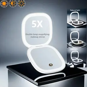 5x Magnifying Double-Sided Makeup Mirror with LED Lights, Portable Folding Design with Tweezers and Type-C Charging, Perfect for Travel and Daily Touch-Ups, Travel Hand Mirror, Rechargeable Mirror