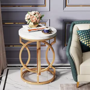 212 MAIN 20 in. Modern Round Faux Marble Tabletop Accent Side Table - Gold O-Shaped Sturdy Frame, White & Gold Finish, Quick Setup, Versatile for Bedroom as Bedside Table
