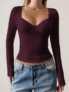 Pure Color Deep V Long Sleeve Top, Slim Fit Short Casual Basic, Fall Fashion, Plain Design, H-Type Silhouette, Daily Wear, Everyday, Womenswear