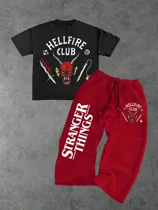 T-Shirt with Hellfire Club Demon Emblem, Shorts Side Print, Vintage American Punk Style, Casual Fitted Fit, Spring & Fall