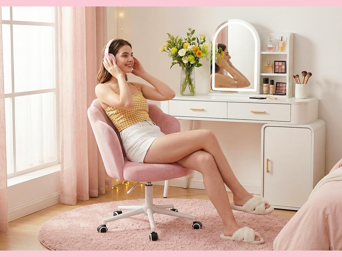 Raybee Artistic Color Velvet Vanity Chairs with Wheels, Comfy Desk Chair with Backrest, Armless Home Office Desk Chair Hight Adjustable & 360° Swivel, Makeup Task Chair for Bedroom, Study Room, Blush Pink #TikTokShopStockUp #SummerVibes #NewArrival Raybee Artistic Color Velvet Vanity Chairs with Wheels, Comfy Desk Chair with Backrest, Armless Home Office Desk Chair Hight Adjustable & 360° Swivel, Makeup Task Chair for Bedroom, Study Room, Blush Pink #TikTokShopStockUp #SummerVibes #NewArrival