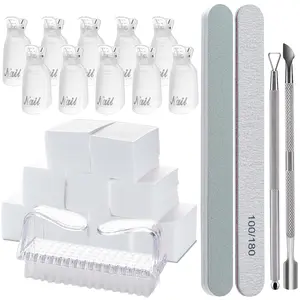 Gel Nail Polish Remover Tools Kit, with 10 Pcs Nail Clips, 400 Pcs Lint Free Nail Wipes, Nail Files 100/180, Buffer Block 400/4000, Nail Brush, Cuticle Pusher& Peeler (Clear)