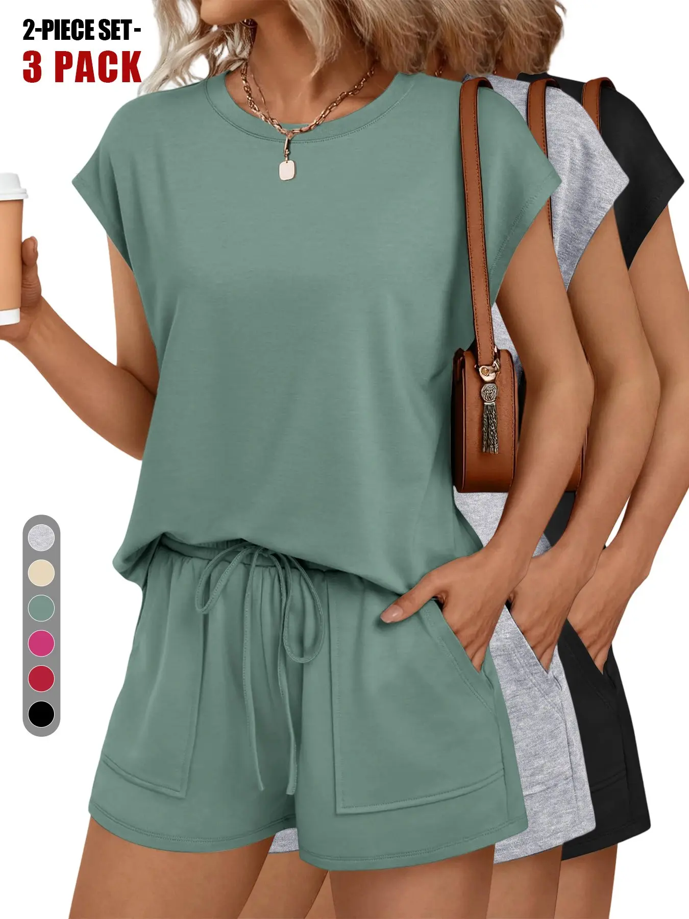 2026 Women's Basic Solid Curved Hem Tee & Adjustable Drawstring Waist Shorts Set, Casual Cap Sleeve T-Shirt & Pocket Shorts, Ladies Pajamas Sleepwear for Summer, Loungewear Homewear Womenswear Nightwear Pajama Set