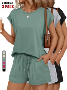 2026 Women's Solid Curved Hem Tee & Adjustable Drawstring Waist Shorts Set, Casual Cap Sleeve T-Shirt & Pocket Shorts, Ladies Sleepwear for Summer, Loungewear Womenswear
