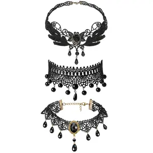 OIDEA Black Lace Crystal Choker Necklace Set for Women, 3 PCS Multilayer Gothic Victorian Collar, Wedding Cosplay Jewelry, Gothic Necklaces, Crystal String Necklaces