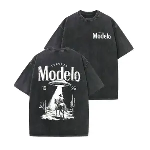 Vintage Washed Black Modelo Graphic T-Shirt Unisex, Retro Distressed Oversized Crew Neck Short Sleeve Tee, Western Cowboy UFO Abduction Print Cerveza Beer Streetwear Casual Top for Men Women, Outdoor Daily Wear