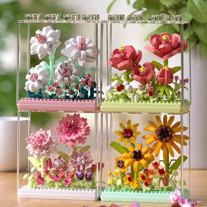 Lover DIY Gift Dream Flower Box Sunflower Carnation Acrylic Cover Building Block Bouquet Assembly Building Block Toy Micro Diamond Particles