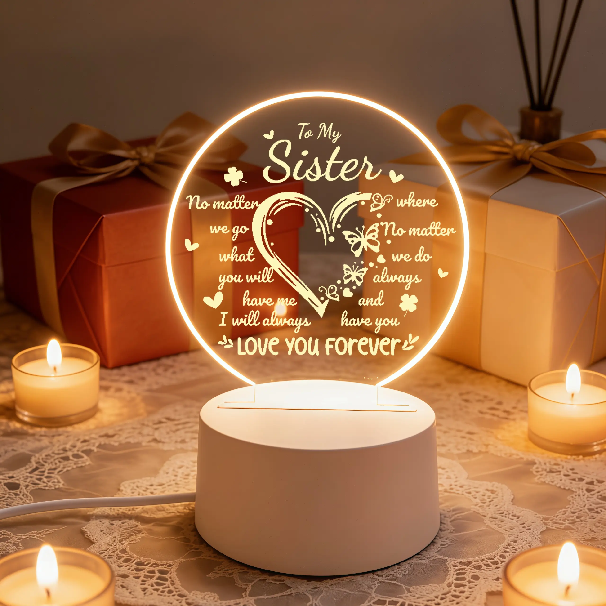 Engraved Round Heart-Butterfly-Clover Warm LED Acrylic Night Light - Desk Use with Forever Love Sister Quote, Sentimental Gift for Sister for Birthday Graduation, Expressing Bond & Lighting Up Your Space