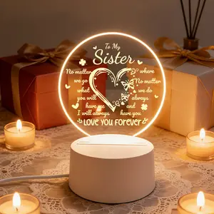 Engraved Round Heart-Butterfly-Clover Warm LED Acrylic Night Light - Desk Use with Forever Love Sister Quote, Sentimental Gift for Sister for Birthday Graduation, Expressing Bond & Lighting Up Your Space