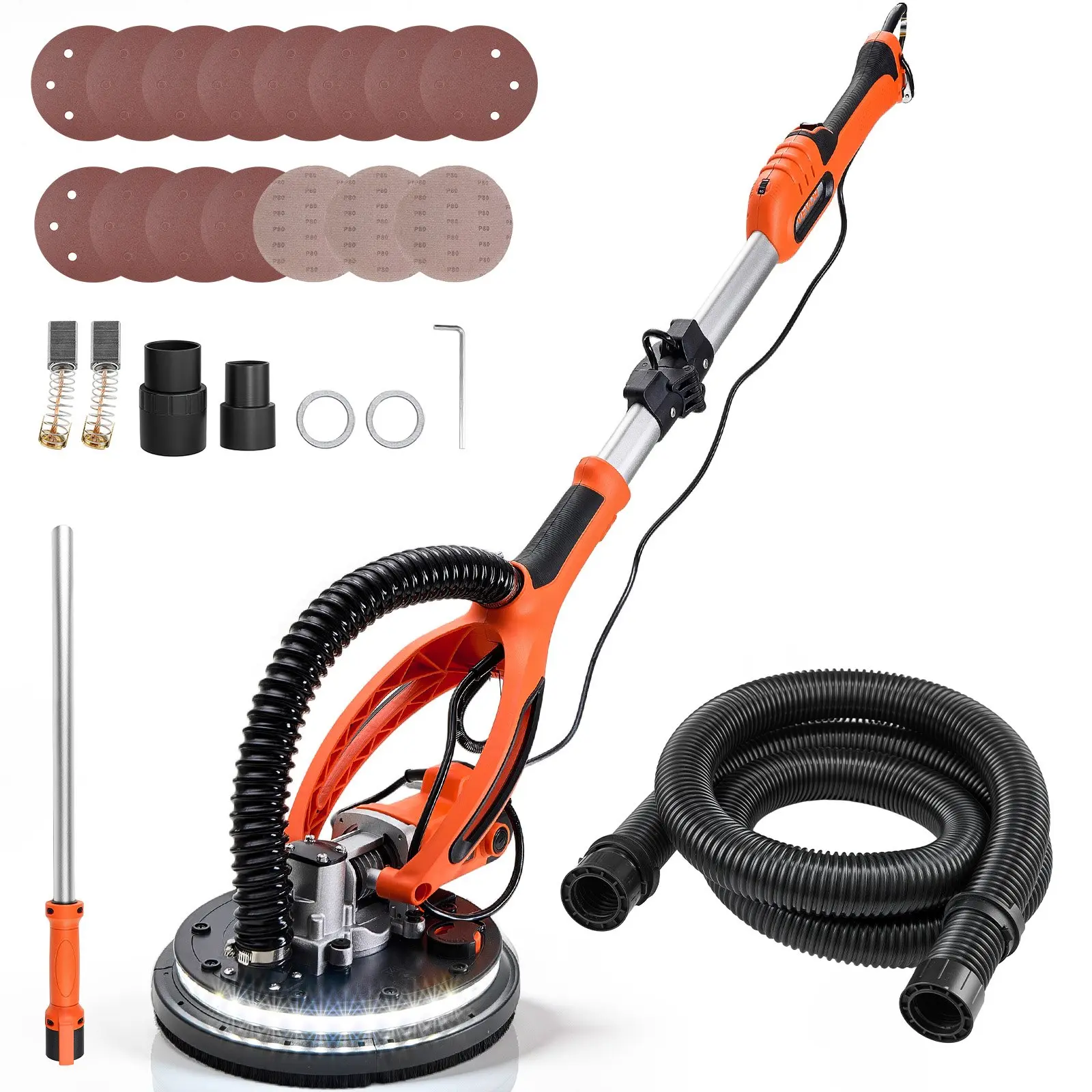 VEVOR 850W Electric Drywall Sander, Popcorn Ceiling Removal Tool with 5 Variable Speeds (800-1700 RPM), Double-Deck LED Light Kit, Foldable Extendable Handle, Dust Hose, 15 Sanding Discs Included