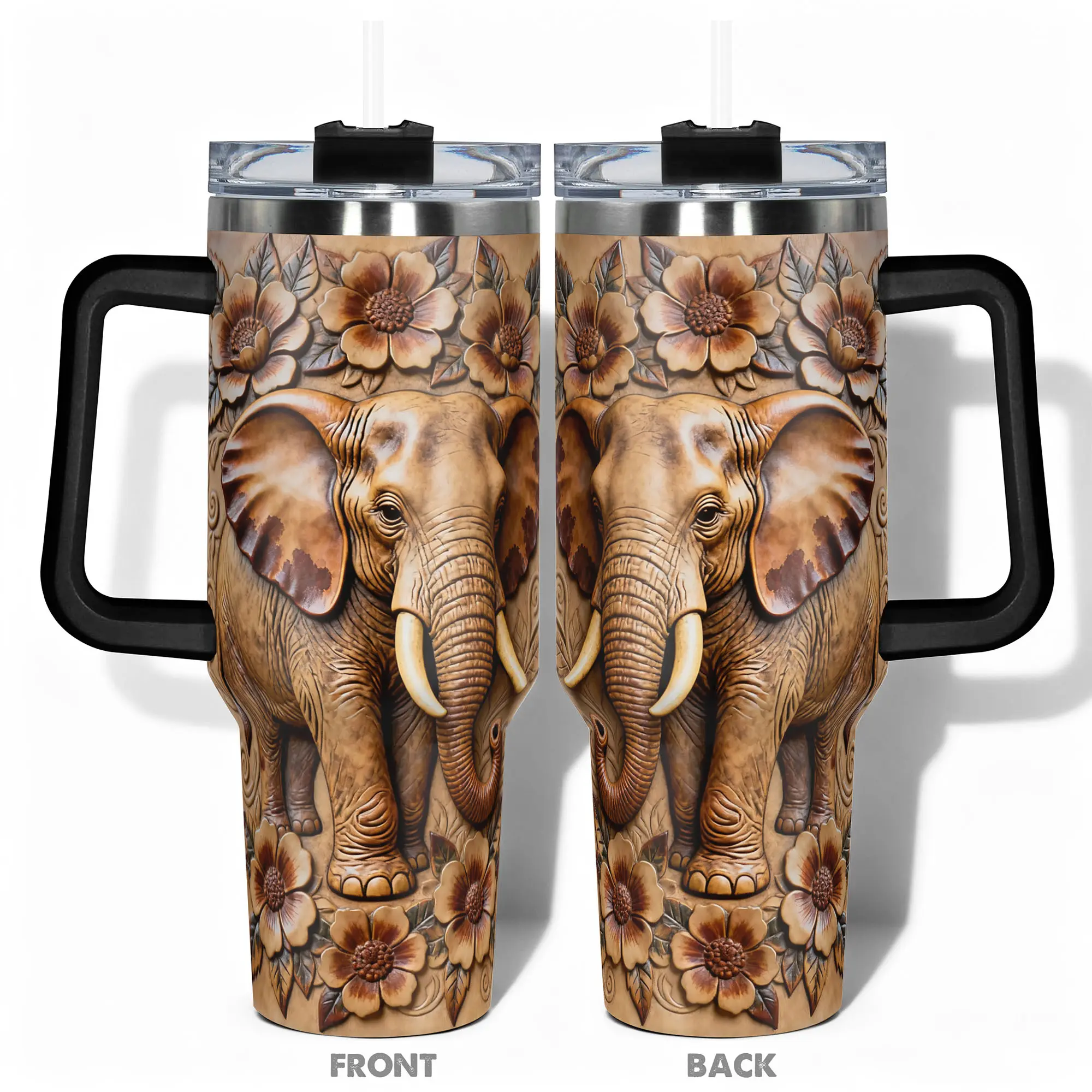 1pc Stainless Steel Cup Tumbler, Vacuum insulated tumbler, Traveler Tumbler, Vacuum Insulated Flask 40oz/30oz Water Bottle, Elephant and Flower Pattern Double-layer insulation Leakproof Large Capacity, Gym, Hiking, Travel Ideal Birthday Christmas Gift