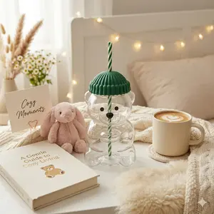 Cute Bear Glass Cup with Straw & Lid, Leak-Proof Kawaii Drinking Cup, Aesthetic Water Bottle for Girls, Kids, Gift Idea