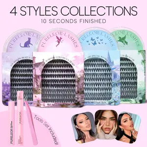 PURELEOR Cluster Lashes 4 Mixed Styles for Fluffy-Eyes Individual Eyelashes Extensions Kit Doll Cateye Natural Thick Lash Look