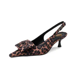 Women’s Leopard Print Slingback Heels Pointed Toe Bow Detail Kitten Heel Elegant Fashion Pumps