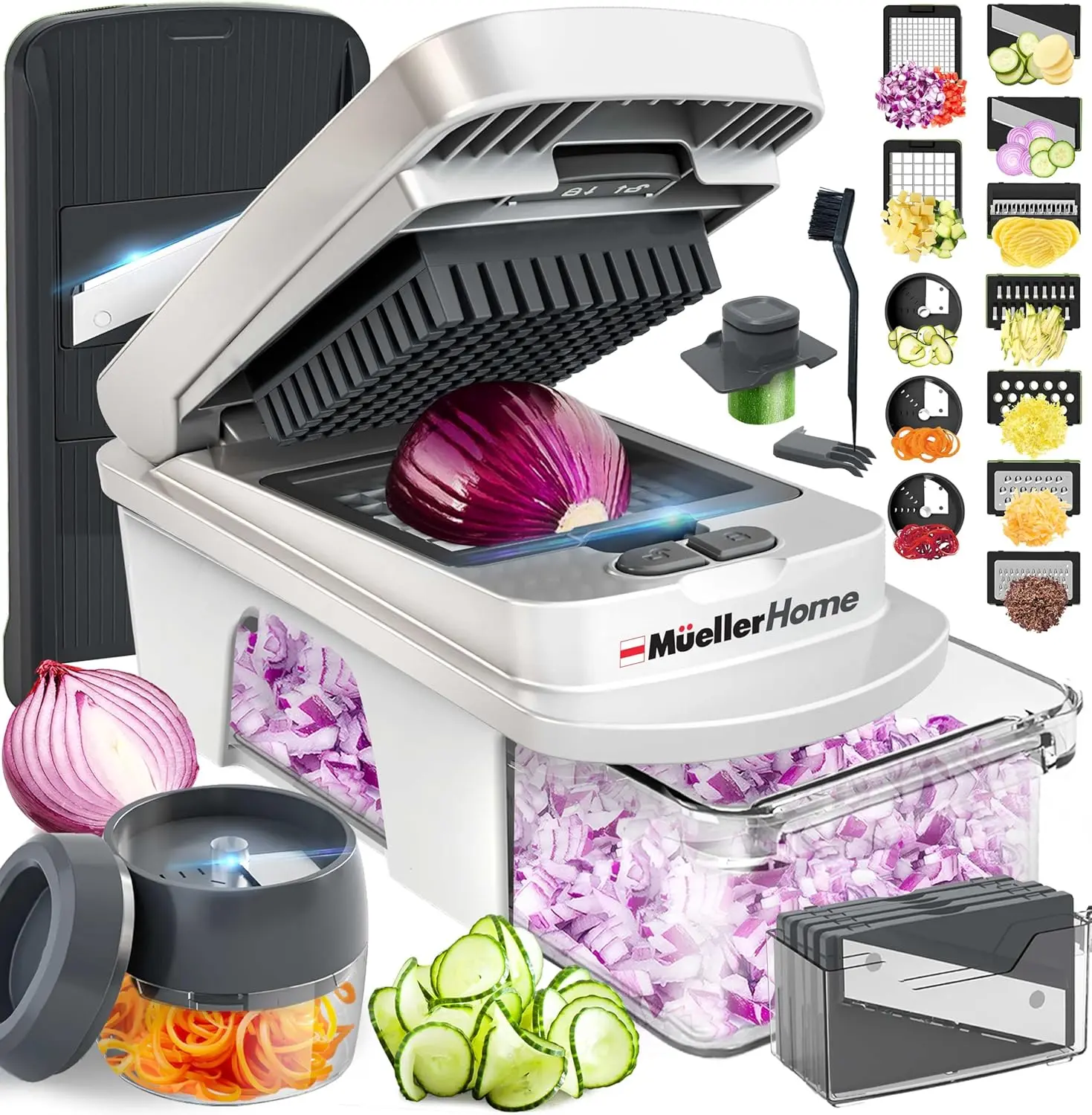 Pro-Series All-In-One, 12 Blade Mandoline Slicer for Kitchen, Food Chopper, Vegetable Slicer and Spiralizer, Cutter, Dicer, Grater, Kitchen Gadgets Sets with Container, White Sand/Gray Mueller
