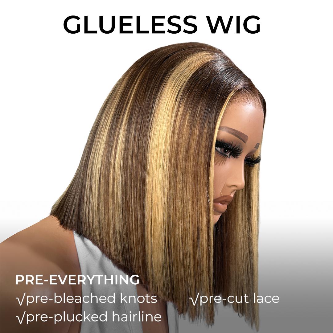 [Only 14'']Alipearl Hair Glueless Highlight Short Bob Wig Straight 7x4 Lace Closure Bob Wig Ready to Go Pre Cut Pre Plucked Human Hair TikTokShopBacktoSchool