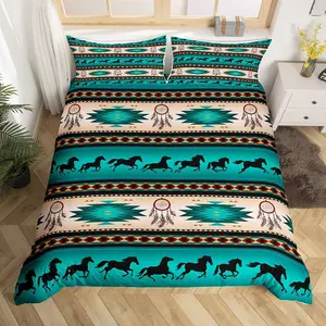 Horse Duvet Cover,Dreamcatcher Men,Aztec African Tribal Horse Printed Comforter Cover,Western Farm Animals Nordic Style Quilt Cover,No Comforter