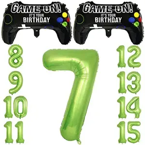 Video Game Party Balloons for Boys 7th Birthday Decorations- 2 Packs Game Controller Mylar Balloons with Green Number Balloons 7