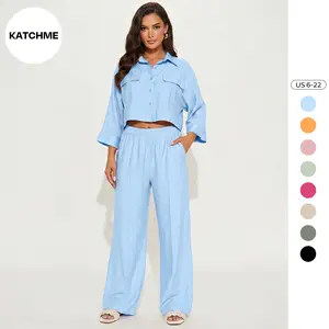 KatchMe Women's Casual Collared Long Sleeve Cropped Shirt & High Waist Wide Leg Trousers Co-ord, Minimalist Drapable Two Piece Sets, Loose Pill Resistant Womenswear